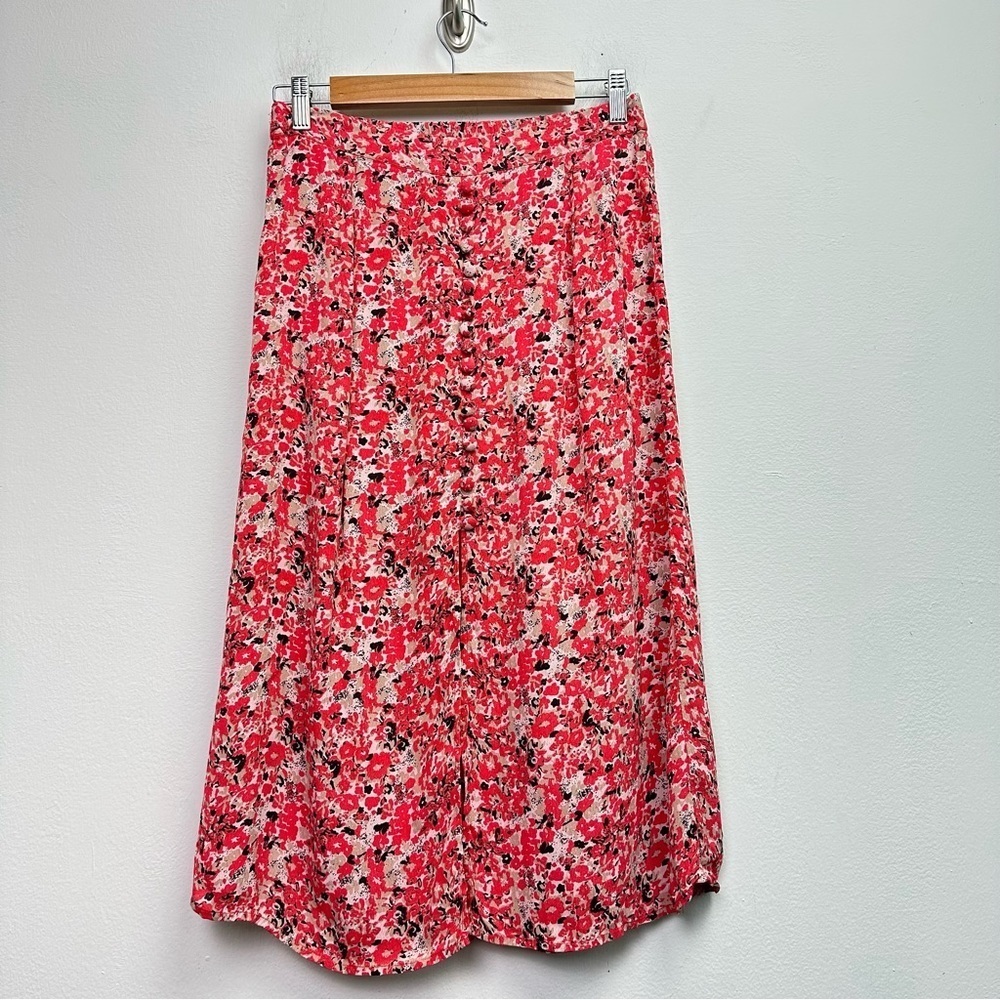 Global Red Floral Button Slit Midi Skirt M